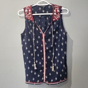 Lucky Brand Navy and Red Embroidered Sleeveless Blouse